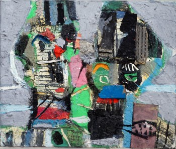 Nr. 83 Graue Köpfe  2022  Öl, Assemblage a. Lw.  50 x 60 cm